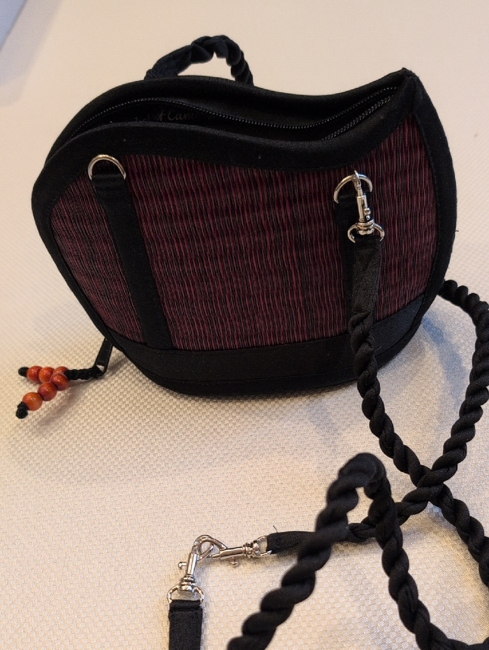Cambodian Black and Burgundy Crossbody Bag with Braided Strap